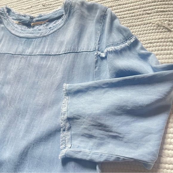 Lyocell Denim Shift Dress Frayed Hem Boho Mini Soft Chambray - Picture 4 of 6